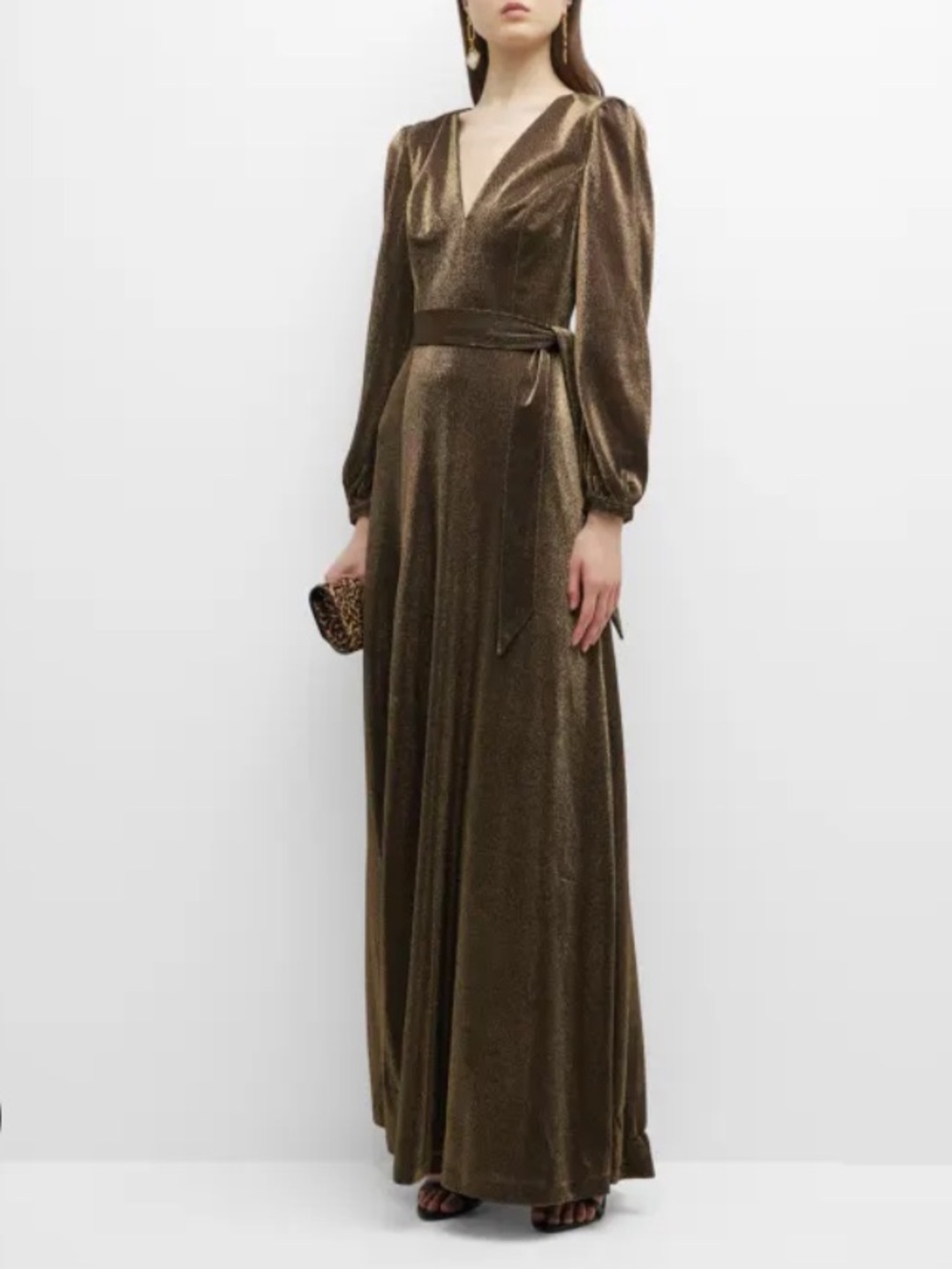 Dress the Population Eris Long Sleeve V Neck Gold Metallic Gown Dress XXL